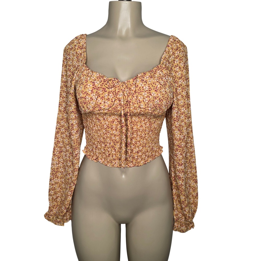 Kingston Grey Top Women S Yellow Micro Floral Smocked Tie Front Long Sleeve Crop